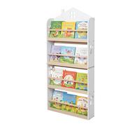 Relaxdays Kids' House-Shaped Wall Bookshelf, 4 Compartments, White/Natural, 130x60x15 cm