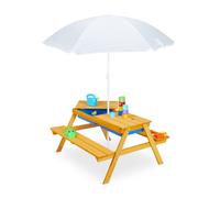 Relaxdays Children's Outdoor Furniture, Garden Picnic Table with Parasol & Benches, Sand & Water Play, 165x128cm, Brown