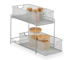 Relaxdays Kitchen Cabinet Organiser, Pull-out Base Unit Shelf, 2 Drawers, Metal Baskets, HWD: 32 x 19 x 35.5 cm, Silver