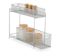 Relaxdays Kitchen Cabinet Organiser, Pull-out Base Unit Shelf, 2 Drawers, Metal Baskets, HWD: 40 x 15 x 46 cm, Silver