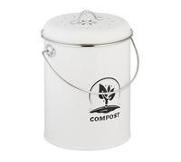 Relaxdays Kitchen Compost Bin, 5.5 litres, Iron, Odour Filter, with Lid & Handle, Organic Food Waste Caddy, Round, White