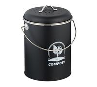 Relaxdays Kitchen Compost Bin, 5.5 litres, Iron, Odour Filter, with Lid & Handle, Organic Food Waste Caddy, Round, Black