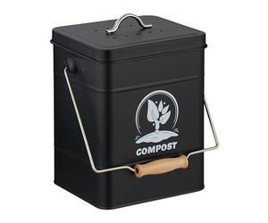 Relaxdays Kitchen Compost Bin, 6 Litres, Metal, Odour Filter, with Lid & Handle, Organic Food Waste Caddy, Square, Black