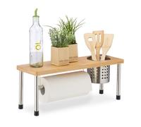 Relaxdays Kitchen Counter Organizer, Roll Holder & Utensil Storage, Spice Rack, Sink Shelf, Bamboo, Natural/Silver