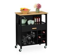 Relaxdays Kitchen Island Cart, Wine Rack for 6 Bottles, 2 Shelves, 80x65x35 cm, Bamboo Top, MDF, Rolling Trolley, Black, Plastic, Fibreboard