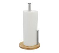 Relaxdays Kitchen Roll Holder, Bamboo, Stainless Steel, Paper Towel Rack with a Stopper, HxØ: 33x16 cm, Natural/Silver