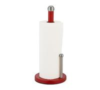 Relaxdays Kitchen Roll Holder, Bamboo, Stainless Steel, Standing Paper Towel Rack with Stopper, HxØ: 35x15cm, Silver/Red, 35 x 15 cm
