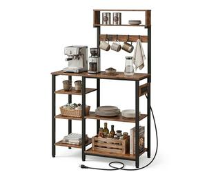 Relaxdays kitchen shelf with sockets & USB, H x W x D:151x82x40cm, microwave shelf, wood-effect, brown/black