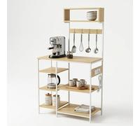 Relaxdays kitchen shelf with sockets & USB, HWD: 151x82x40 cm, microwave shelf, wood-look, metal, natural/white