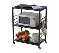 Relaxdays Kitchen Trolley, 3 shelves, 6 S-hooks, HxWxD: 89 x 60 x 40 cm, MDF & steel, serving trolley, black