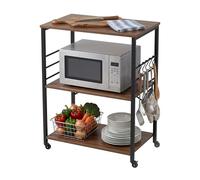 Relaxdays Kitchen Trolley, 3 shelves, 6 S-hooks, HxWxD 89x60x40 cm, MDF & steel, industrial serving trolley, brown/black