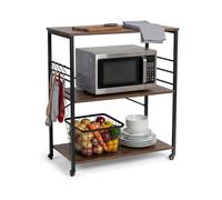 Relaxdays Kitchen Trolley, 3 shelves, 6 S-hooks, HxWxD 89x80x40 cm, MDF & steel, industrial, brown/black