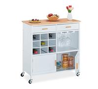 Relaxdays Kitchen Trolley, HxWxD: 88.5 x 86 x 41 cm, Worktop, Wine Rack, Glass Holder, Wheeled Culinary Cabinet, White, Fibreboard, 88.5x86cmx41cm