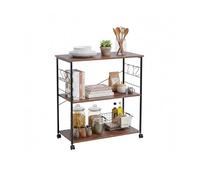 Relaxdays Kitchen Trolley with 3 Shelves, 6 S-Hooks, MDF & Metal, Brown/Black, 87x80x40 cm