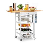 Relaxdays Kitchen Trolley with Folding Top, Country Style, 3 Baskets, Knife Block, Bottle Rack, Butler, White, Fibreboard, 89 x 60 x 49cm