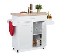 Relaxdays Kitchen Trolley, Worktop, Drawer, 2 Compartments, Spice & Towel Holder, HWD: 90 x 114.5 x 39.5 cm, White, Fibreboard
