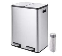 Relaxdays Kitchen Waste Sorting Bin, 2 Compartments, Soft Close, Silver | Foot pedals, iron, HxWxD: 38 x 53 x 66.5 cm