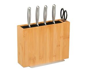 Relaxdays Knife Block, Bamboo, Storage for Blades, Universal Holder, Bristle Insert, Rack, Without Knives, Natural/Black, 23 x 30 x 12 cm