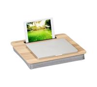 Relaxdays Laptop Bed Tray with Cushion, for Up to 17" Notebooks, Tablet Desk for Sofa with Mobile Phone Holder, Natural, Linen, Foam, Fibreboard