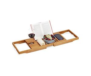 Relaxdays Large Bamboo Bath Tray, Book & Tablet Holder, Glass Support, Luxury, Light, Extendable 70-105 cm, Natural