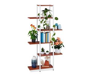 Relaxdays Large Plant Rack, Modern Pot Holder with 6 Tiers, 150 x 78 x 24 cm, Black Metal Frame, MDF Shelving, Red-Brown, Steel