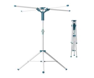 Relaxdays laundry airer, foldable, height-adjustable, 80-200 cm, 4 drying rails, camping, clothes rack, white/blue