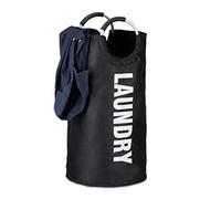 Relaxdays Laundry Bag with Handles, Folding, 100 L Capacity, Round Hamper, H x Ø: 70 x 38 cm, Black, Polyester