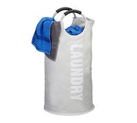 Relaxdays Laundry Bag with Handles, Folding, 100 L Capacity, Round Hamper, H x Ø: 70 x 38 cm, White