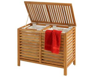 Relaxdays Laundry Basket, 2 Compartments, 150-litre Laundry Chest, natural | removable laundry bags, HWD: 67.5 x 89 x 46.5 cm, walnut wood