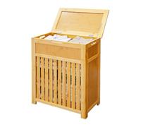 Relaxdays Laundry Basket, 80 L, slatted design, bamboo & MDF, natural | HWD: 62.5 x 50.5 x 28 cm, laundry hamper with lid, side handles, storage, bathroom & bedroom