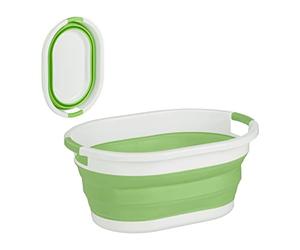 Relaxdays Laundry Basket Foldable, 24 litres, Plastic Tub, Space-Saving Folding with Handles, Green and White, 24 x 53 x 38 cm