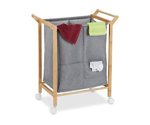 Relaxdays Laundry Basket, on Wheels, 2 Sections. 2 Side Pockets, Vol. 80l, Bamboo & Fabric, 76 x 65 x 35cm, Natural/Grey
