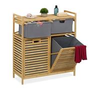 Relaxdays Laundry Basket Rack, 2 Fabric Hampers, 40 L Each, 2 Drawers, Bamboo, Washing Sorter, 95x88x33 cm, Natural/Grey, Polyester