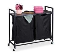 Relaxdays Laundry Basket Rack, 2 Pull-out Compartments, Rollable Storage Rack, Linen Bin, Industrial Design, Black/Brown