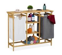 Relaxdays Laundry Basket Rack, 4 Shelves, 2 Pull-Out Bags, 80x100x32 cm, Washing Sorter & Storage, Bamboo, Multicoloured, Polyester