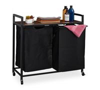 Relaxdays Laundry Basket, 2 Pull-out Compartments, Rollable Storage Rack, Linen Bin, Industrial Design, Black/Brown, Fibreboard, 74.5 x 80 x 33 cm