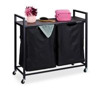Relaxdays Laundry Basket, 2 Pull-out Compartments, Rollable Storage Rack, Linen Bin, Industrial Design, Black/Brown, Fibreboard, 75.5 x 80 x 33 cm