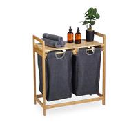 Relaxdays Laundry Basket Shelf, Bamboo, Pull-out Bins, 2 Compartments & 1 Shelf, Sorting, HWD: 73x64x33 cm, Natural/Grey
