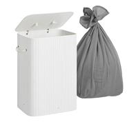 Relaxdays Laundry Basket with Lid, 2 Compartments, Bamboo, 105L, Foldable, 63x52x32cm, White