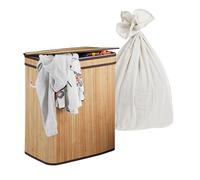 Relaxdays Laundry Basket with Lid, 3 Compartments, Bamboo, Foldable, 105L, 63x52x32 cm, Natural Finish