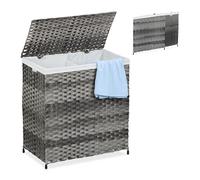 Relaxdays Laundry Basket with Lid, Rattan Effect, 110L Sack, 60 x 58 x 34 cm, Washing Bin, 2 Compartments, Grey/Beige