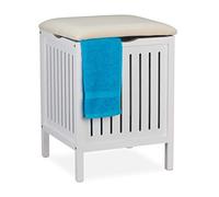 Relaxdays Basket with Seat, Country Style, Laundry Bin, Wood & Fabric, Bathroom Stool HxWxD: 55x41x41 cm, White