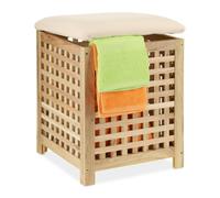 Relaxdays Laundry Basket with Seat, Walnut, 50x39x39 cm, 45 l Washing Box, Bathroom Stool with Storage Space, Natural, Wood