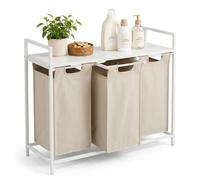 Relaxdays Laundry Basket with Shelf, 3 pull-out baskets, white/beige | 40 litres each, fabric, HxWxD: 73 x 92.5 x 33 cm