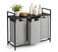Relaxdays Laundry Basket with Shelf, 3 pull-out laundry baskets, black/grey | 40 litres each, fabric, HxWxD: 73 x 92.5 x 33 cm
