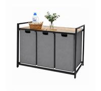 Relaxdays Laundry Hamper with 3 Laundry Bags, 150 L, Grey/Natural | Wood-look shelf, HBD: 73.5 x 109.5 x 33 cm, laundry basket