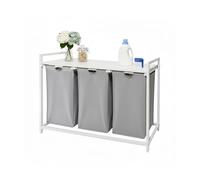 Relaxdays Laundry Hamper with 3 Removable Bags, 150L, Wood-Effect Shelf, 73.5x109.5x33cm, Grey/White