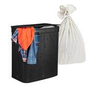 Relaxdays laundry hamper with lid, 2 compartments, bamboo, 100 l, foldable, HxWxD 60 x 52 x 32 cm, black