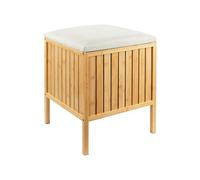 Relaxdays laundry hamper with seat, bamboo, padded lid, HWD: 52 x 39 x 39 cm, bathroom storage stool, natural/cream