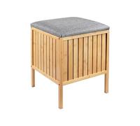 Relaxdays laundry hamper with seat, bamboo, padded lid, HxWxD 52 x 39 x 39 cm, bathroom stool with storage, natural/grey